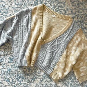 Tan Leopard Print and Dusky Blue Off the Shoulder Sweater